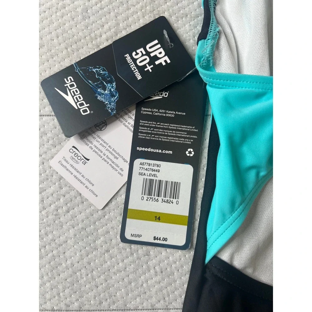 Speedo Girls One Piece Swimsuit Size 14 Black Turquoise UPF 50+ 7714076